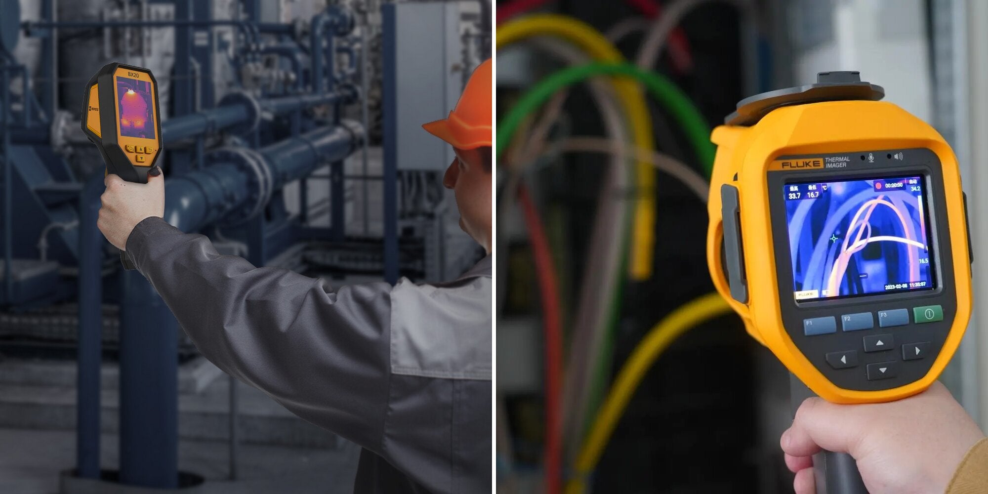 Left: a worker scanning industrial pipework with a HIKMICRO thermal camera. Right: a Fluke thermal camera aimed at cabling, its screen showing a thermal image.