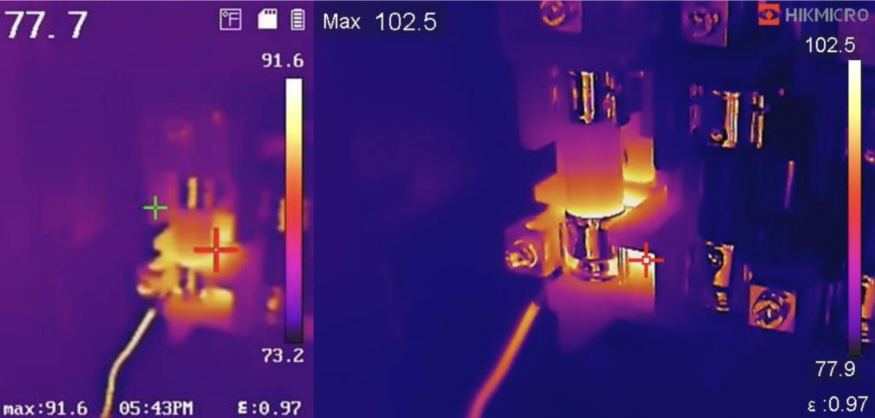 The same hot fuse holder imaged at 160 × 120, reading a maximum of 91.6, and at 384 × 288, reading 102.5